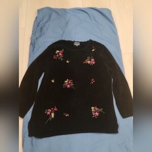 Vintage Carolyn Taylor Black Chenille Sweater with Floral Embroidery SZ Small